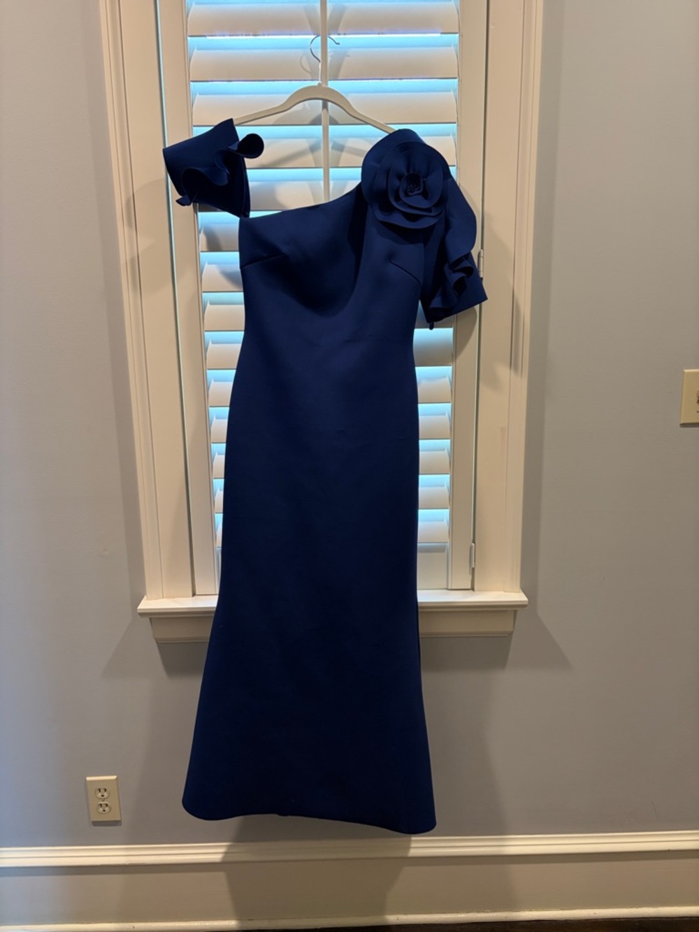 Badgley Mischka Navy One-Shoulder Gown with Rosette Detail
